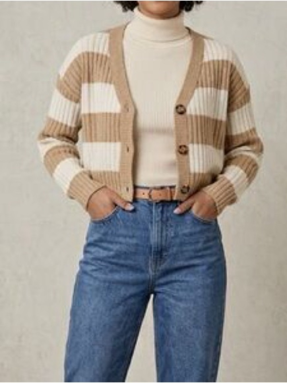 Francesca’s Tan Cream Striped Ribbed Knit Cropped Cardigan Size S